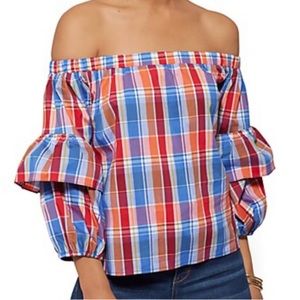 NY & Co Plaid Off the Shoulder Tier Sleeves Blouse Size S